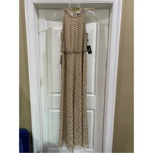 Adrianna Papell Art Deco Beaded Blouson Dress with Halter Neckline in Nude